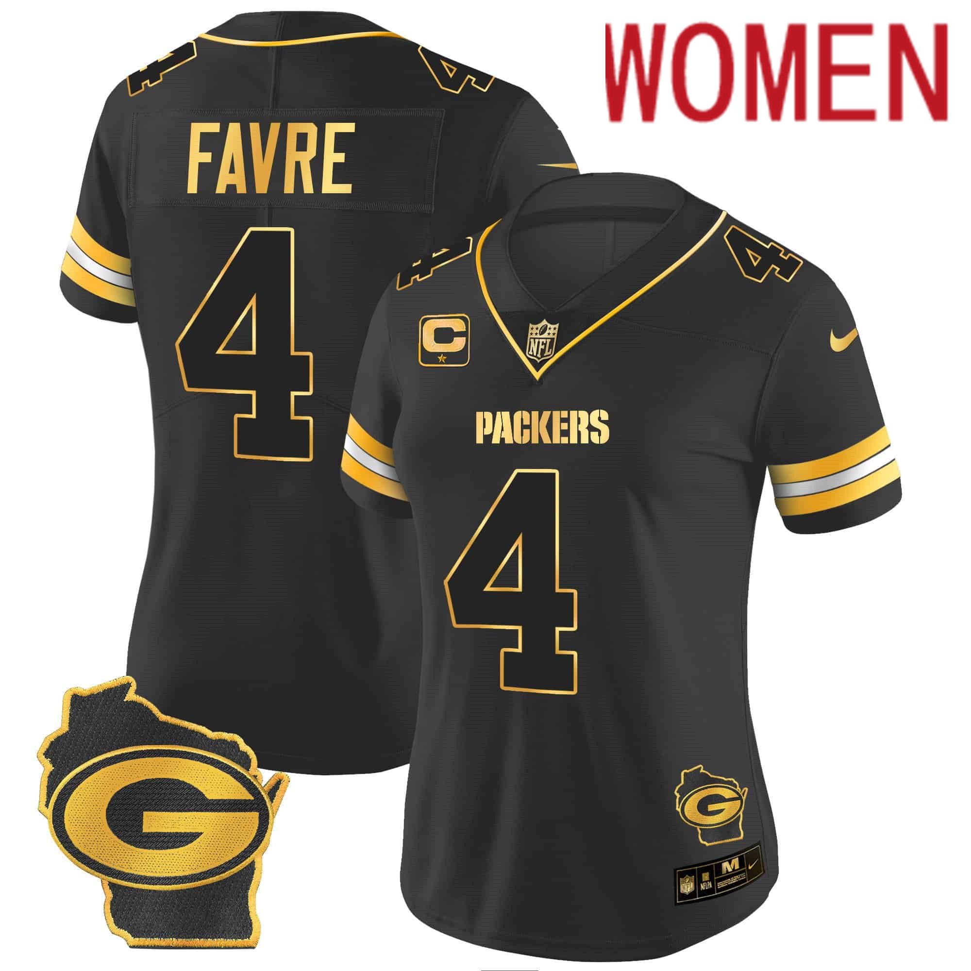 Women Green Bay Packers #4 Favre Black Gold 2024 Nike Home Patch Vapor NFL Jersey style 2->women nfl jersey->Women Jersey